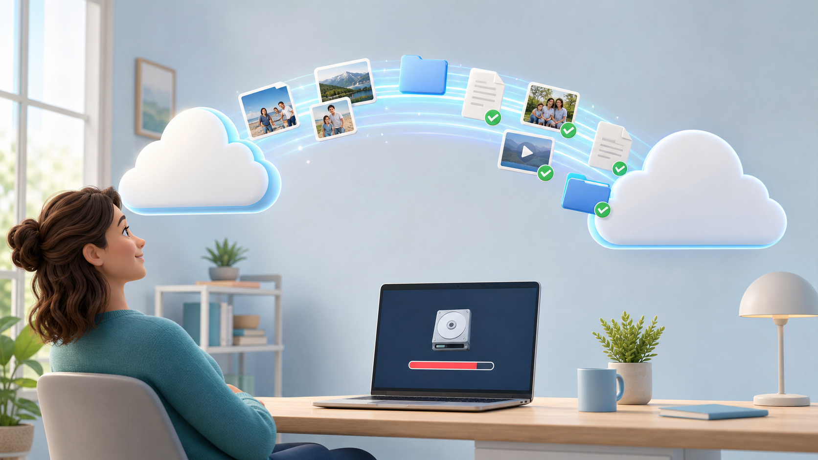 Large personal files moving directly between clouds above a nearly-full laptop