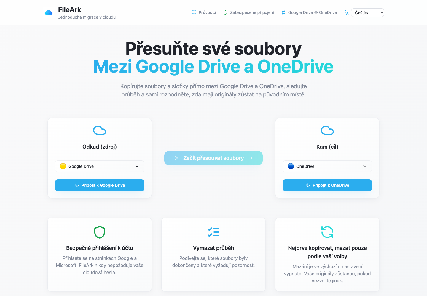 FileArk zobrazující Disk Google jako zdroj a OneDrive jako cíl