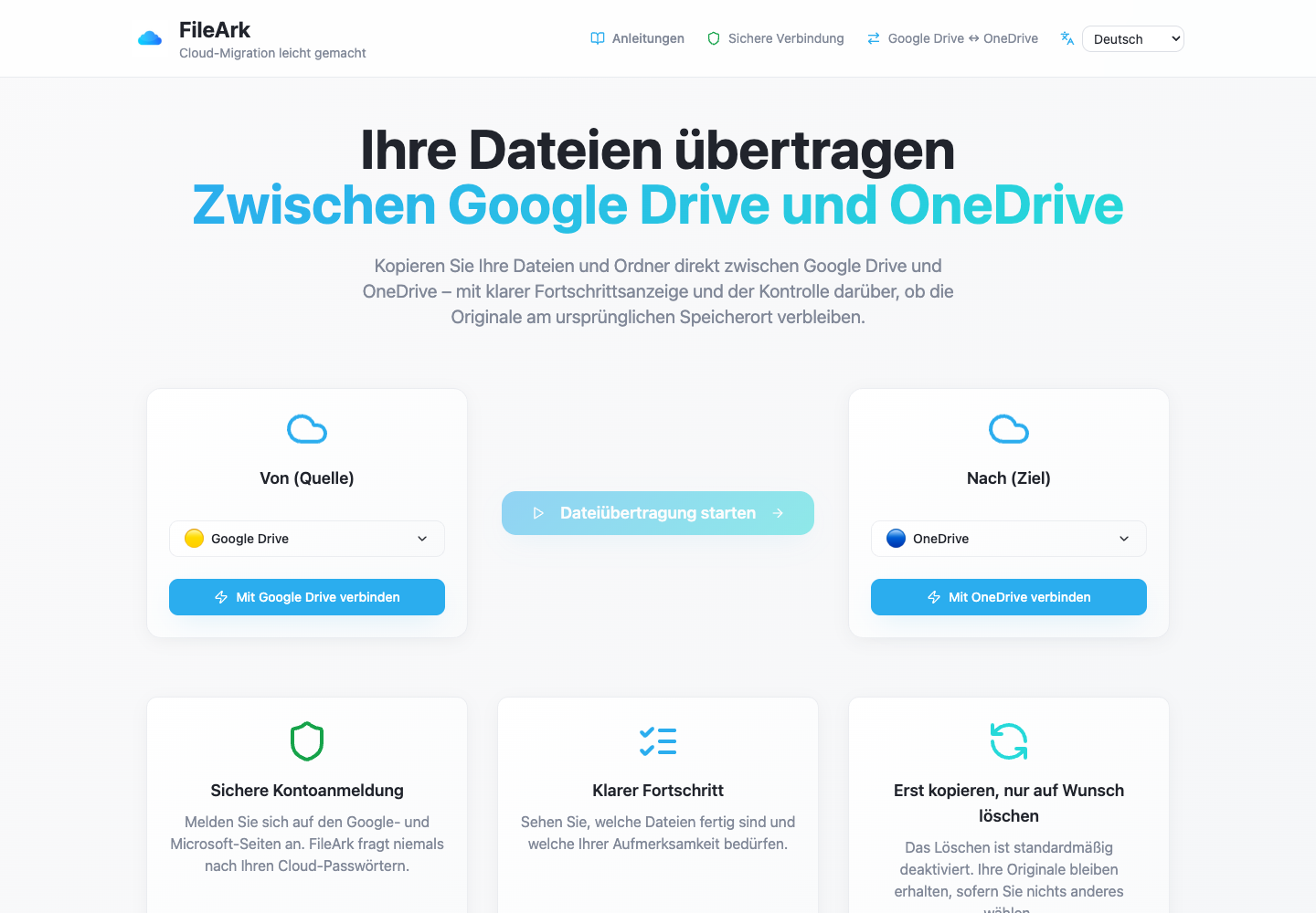 FileArk zeigt Google Drive als Quelle und OneDrive als Ziel an