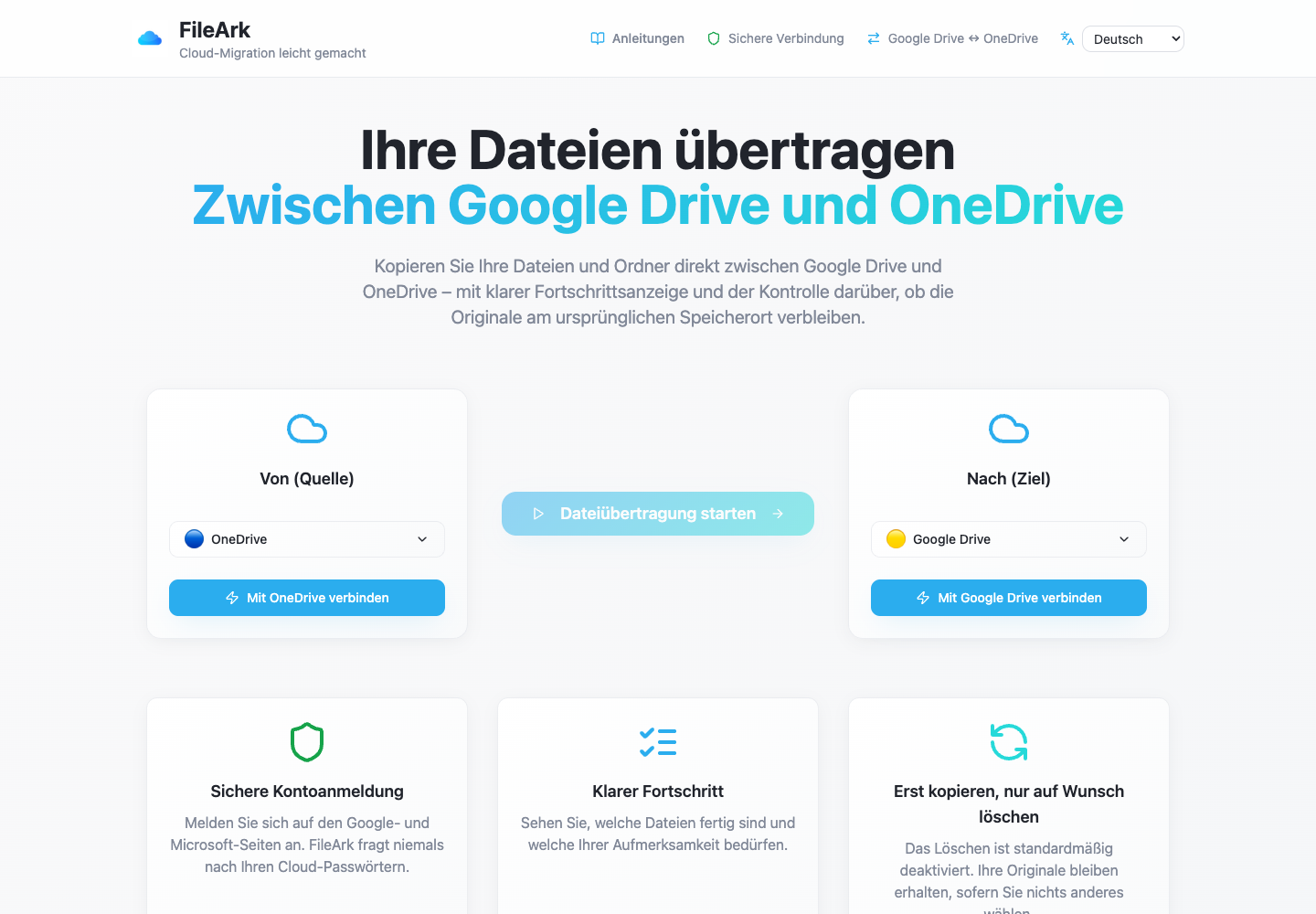 FileArk zeigt OneDrive als Quelle und Google Drive als Ziel an