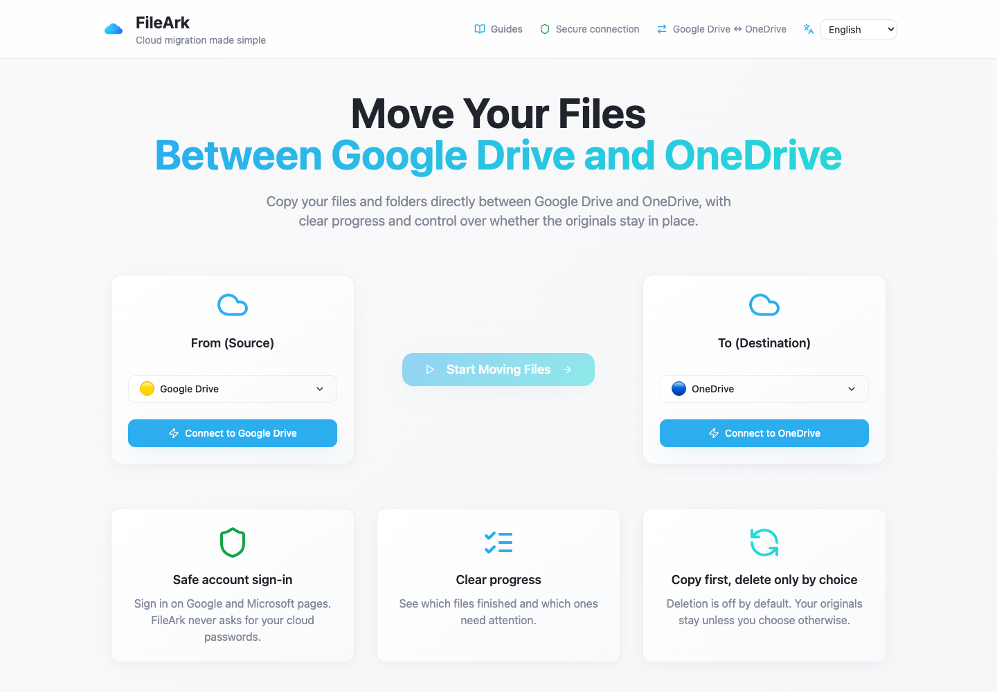 FileArk showing Google Drive as the source and OneDrive as the destination
