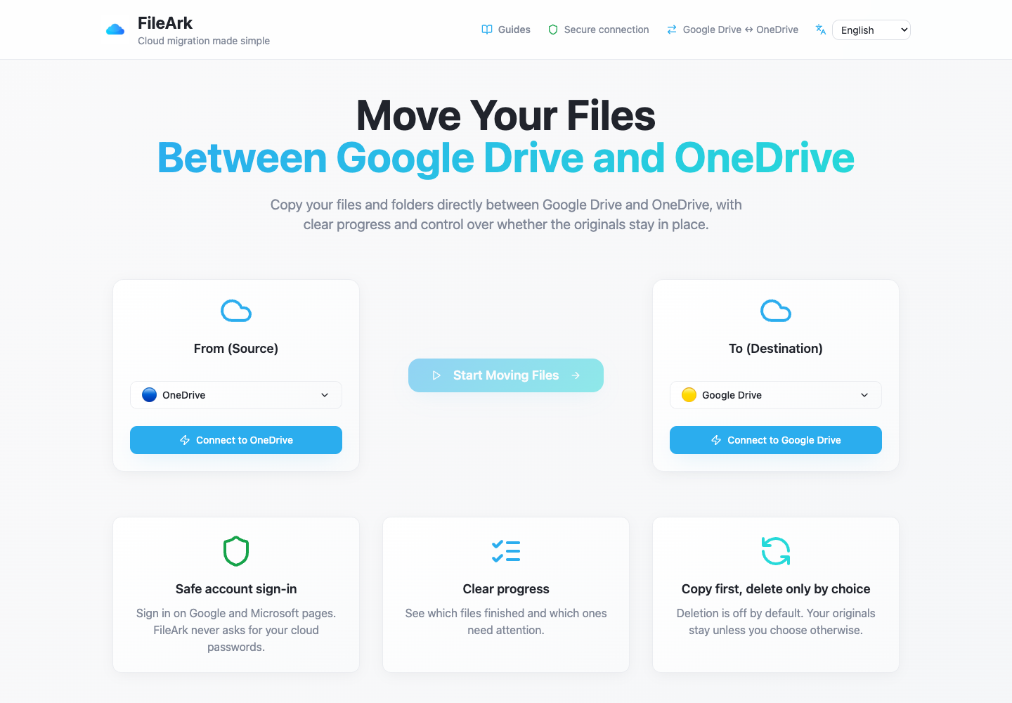 FileArk showing OneDrive as the source and Google Drive as the destination