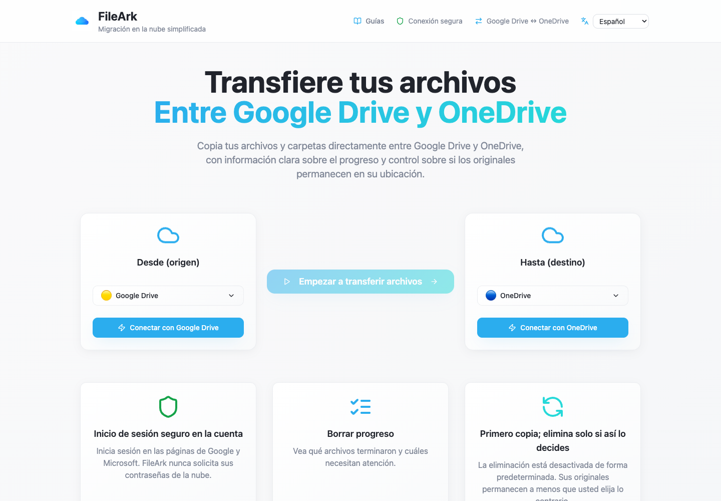 FileArk muestra Google Drive como origen y OneDrive como destino