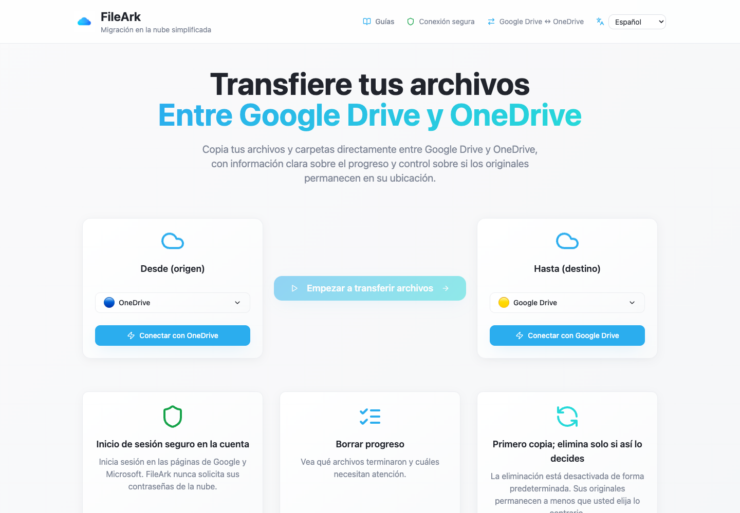 FileArk muestra OneDrive como origen y Google Drive como destino