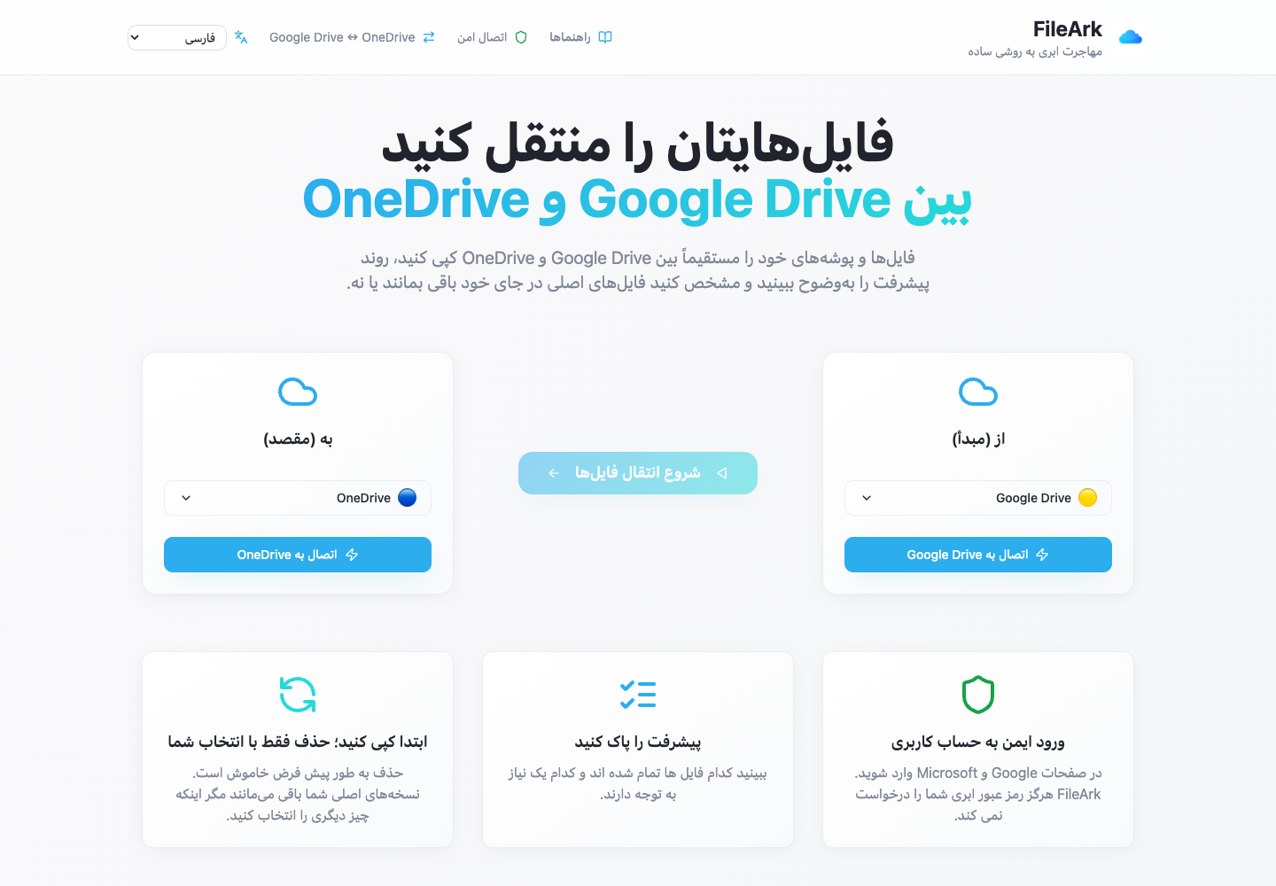 FileArk که Google Drive را به عنوان منبع و OneDrive را به عنوان مقصد نشان می دهد.