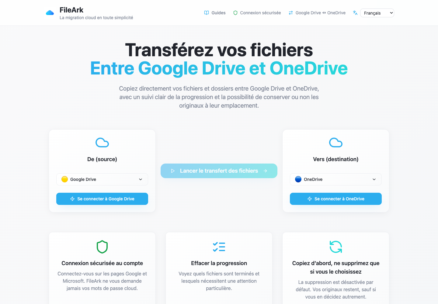 FileArk affichant Google Drive comme source et OneDrive comme destination