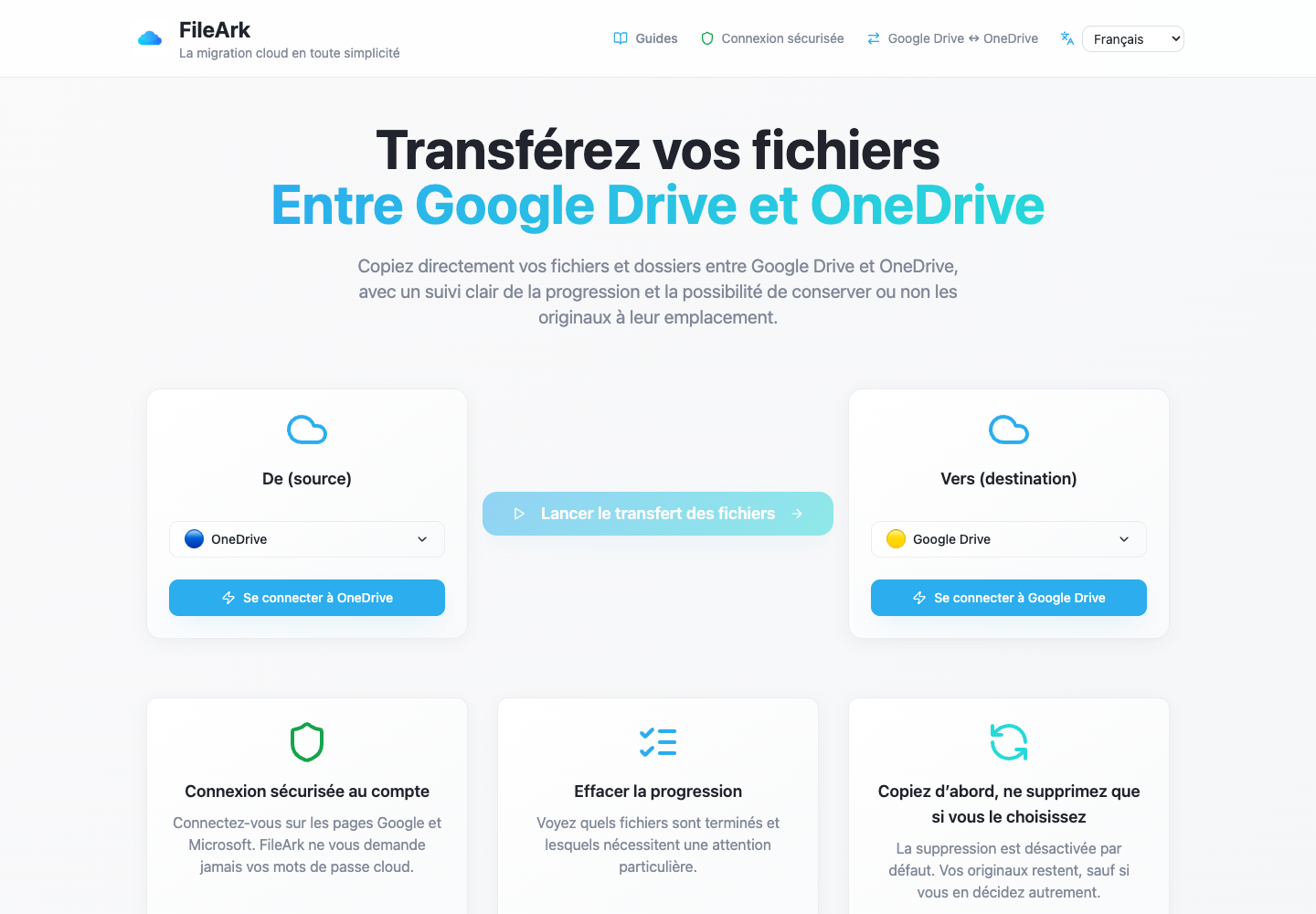 FileArk affichant OneDrive comme source et Google Drive comme destination