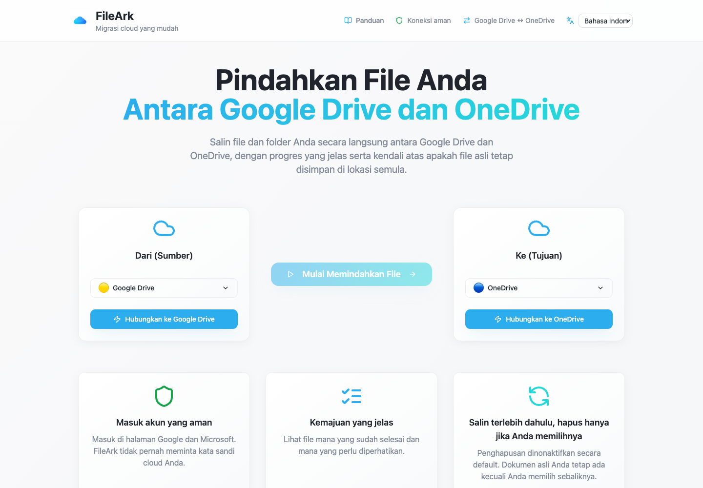 FileArk menampilkan Google Drive sebagai sumber dan OneDrive sebagai tujuan