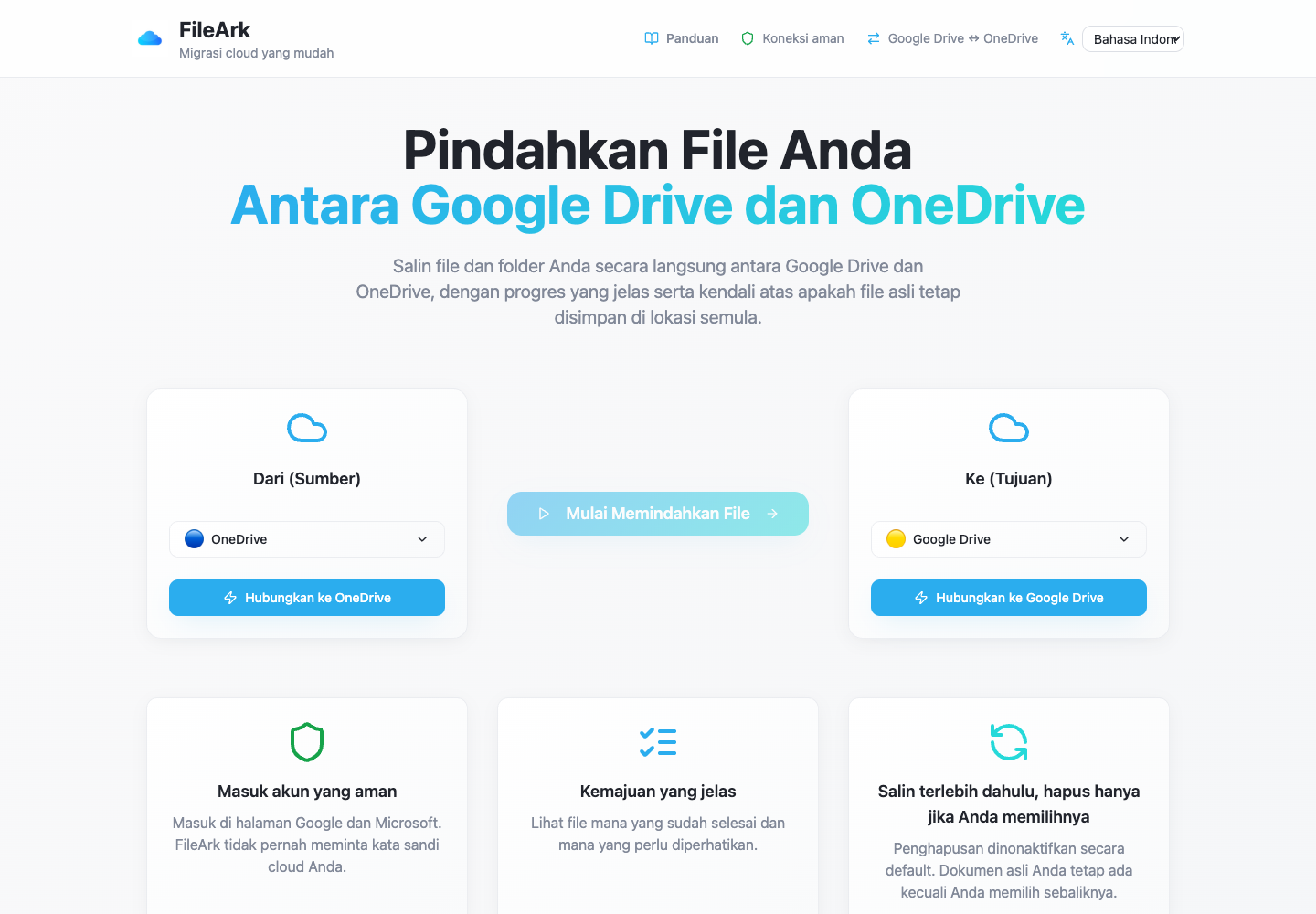 FileArk menampilkan OneDrive sebagai sumber dan Google Drive sebagai tujuan