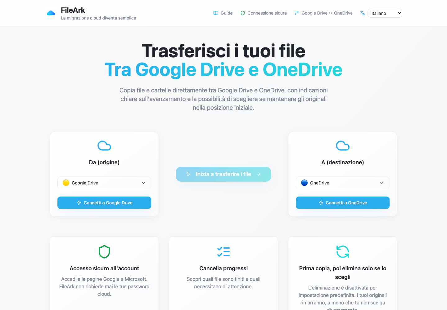 FileArk mostra Google Drive come origine e OneDrive come destinazione