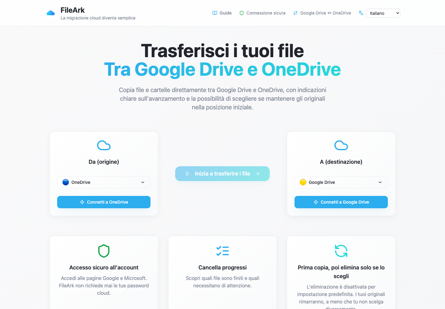 FileArk mostra OneDrive come origine e Google Drive come destinazione