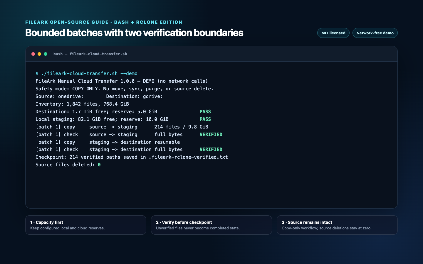 Terminal running the FileArk Bash and rclone cloud transfer script in demo mode