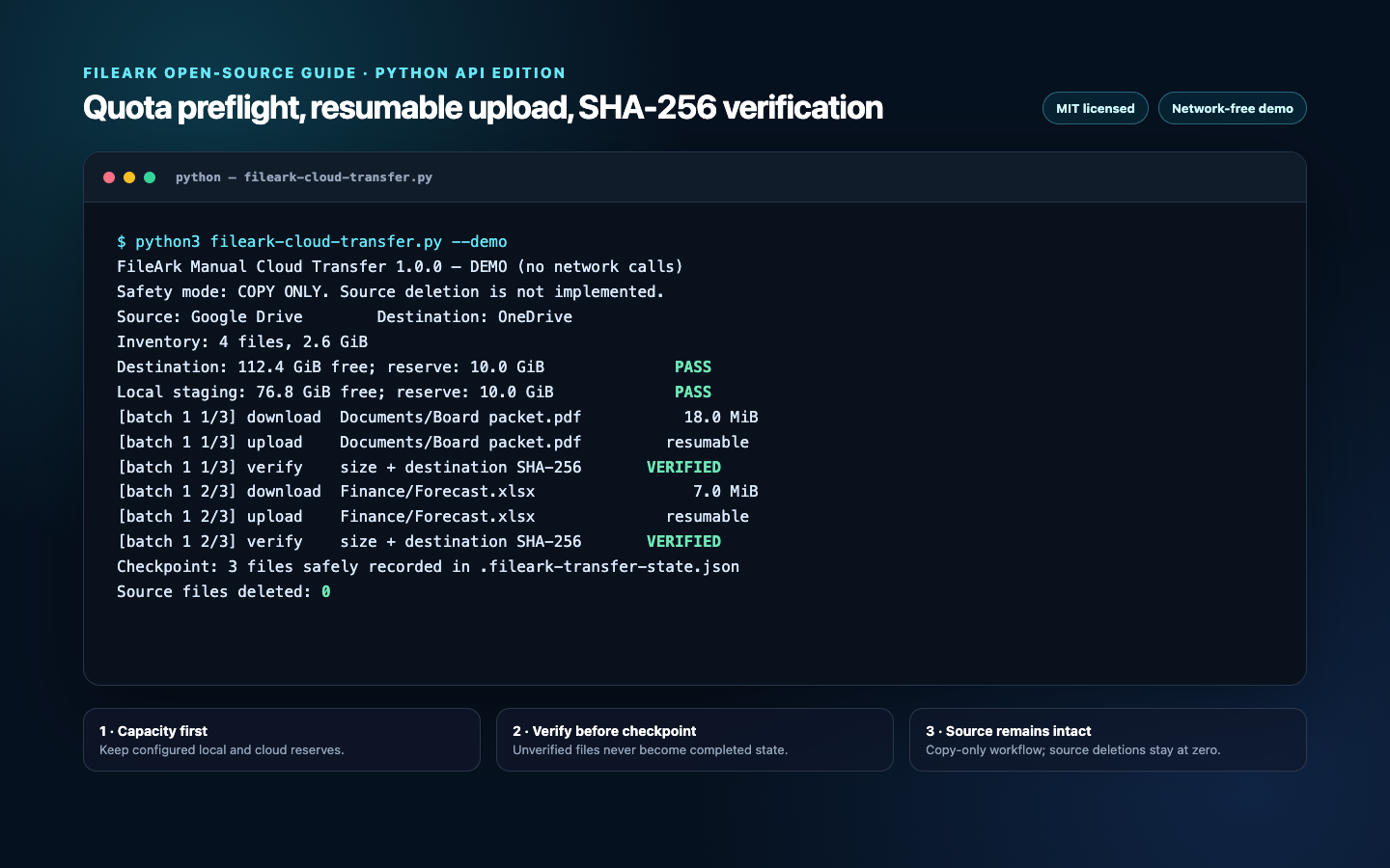 Terminal running the FileArk Python cloud transfer script in network-free demo mode