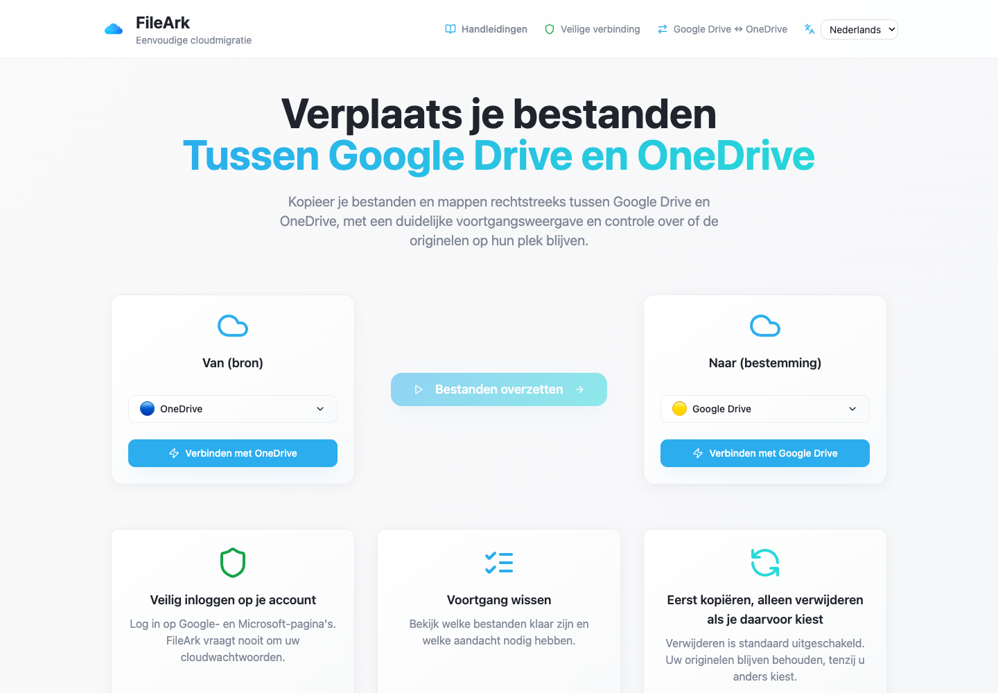 FileArk met OneDrive als bron en Google Drive als bestemming