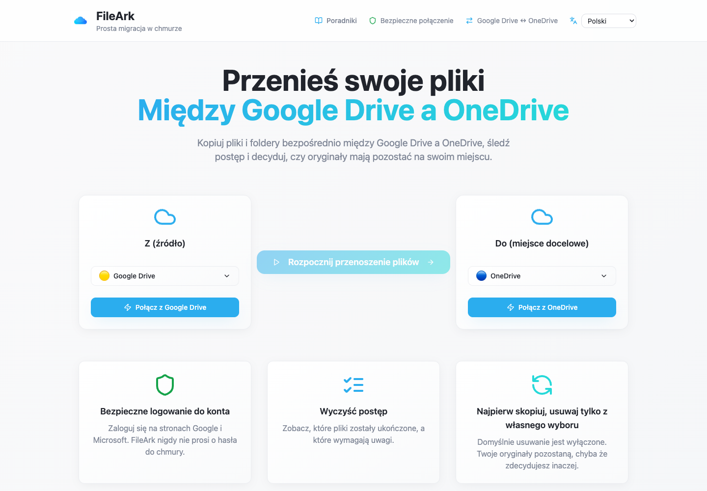 FileArk pokazujący Dysk Google jako źródło i OneDrive jako miejsce docelowe