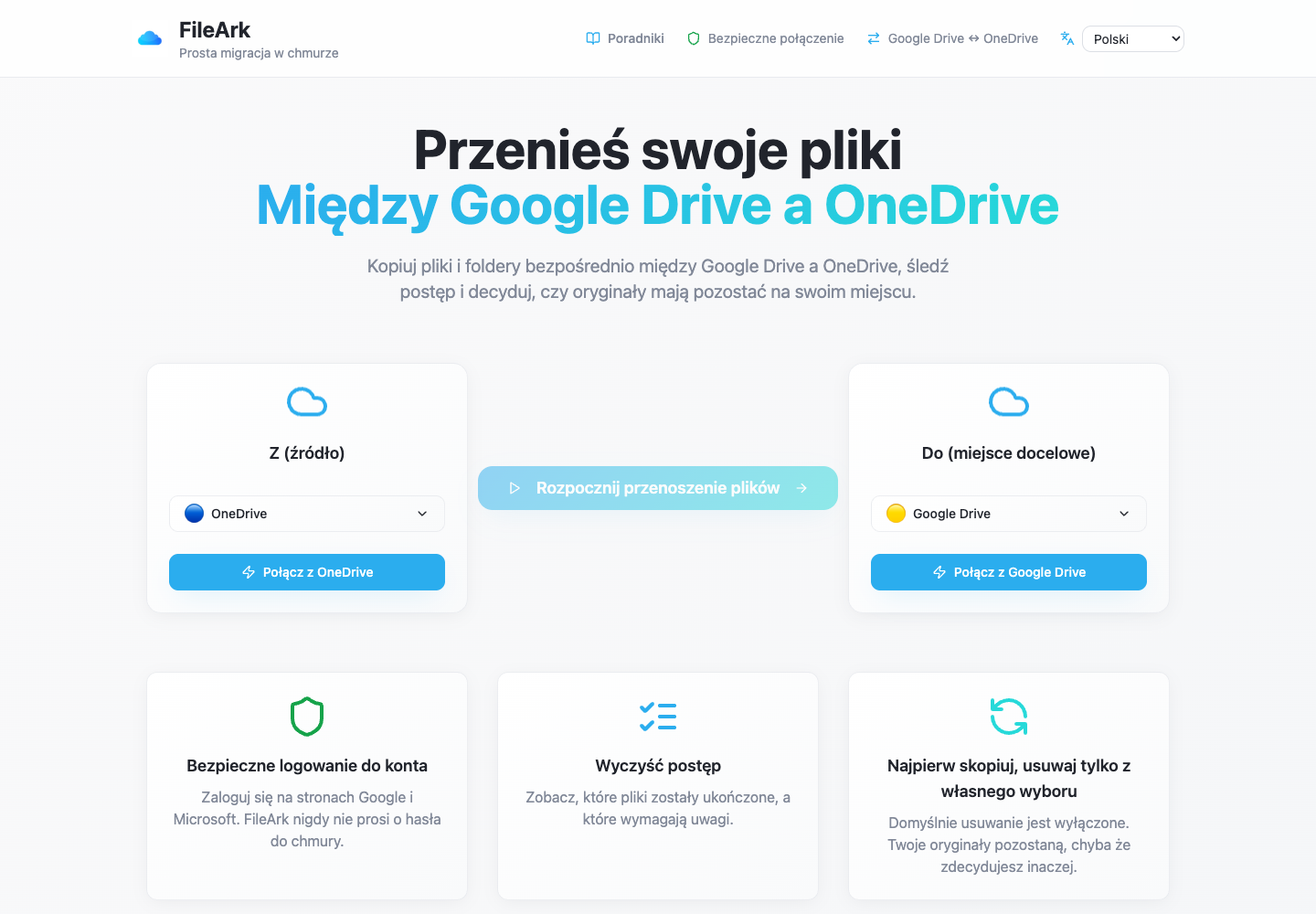 FileArk pokazujący OneDrive jako źródło i Dysk Google jako miejsce docelowe
