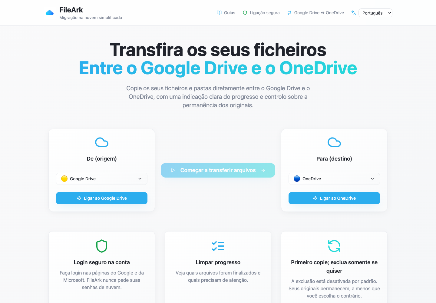 FileArk mostrando o Google Drive como origem e o OneDrive como destino