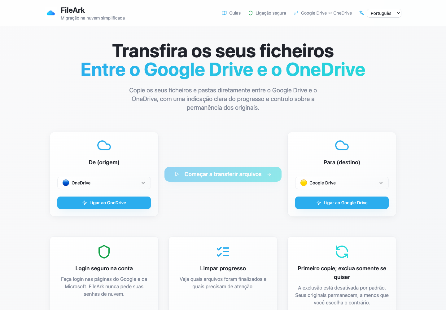 FileArk mostrando OneDrive como origem e Google Drive como destino