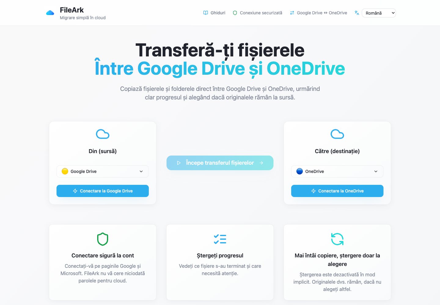 FileArk afișând Google Drive ca sursă și OneDrive ca destinație