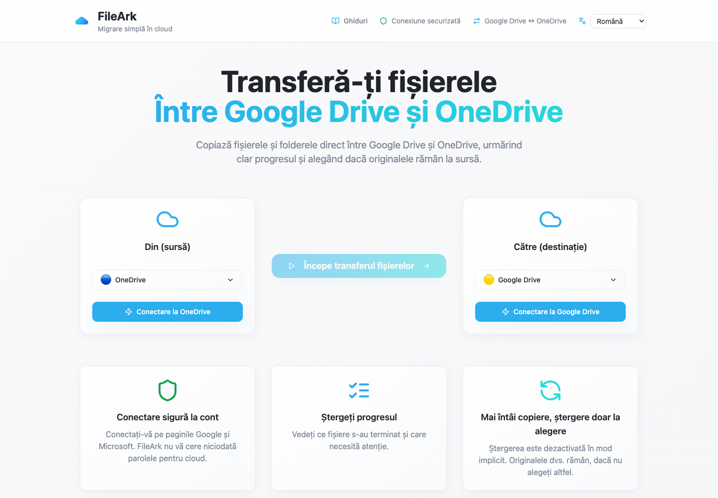 FileArk afișând OneDrive ca sursă și Google Drive ca destinație