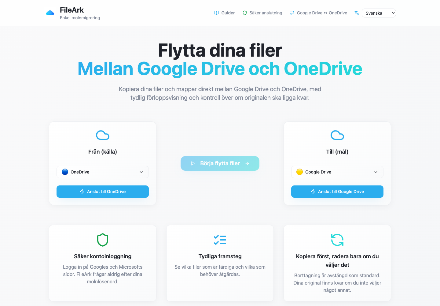 FileArk visar OneDrive som källa och Google Drive som destination