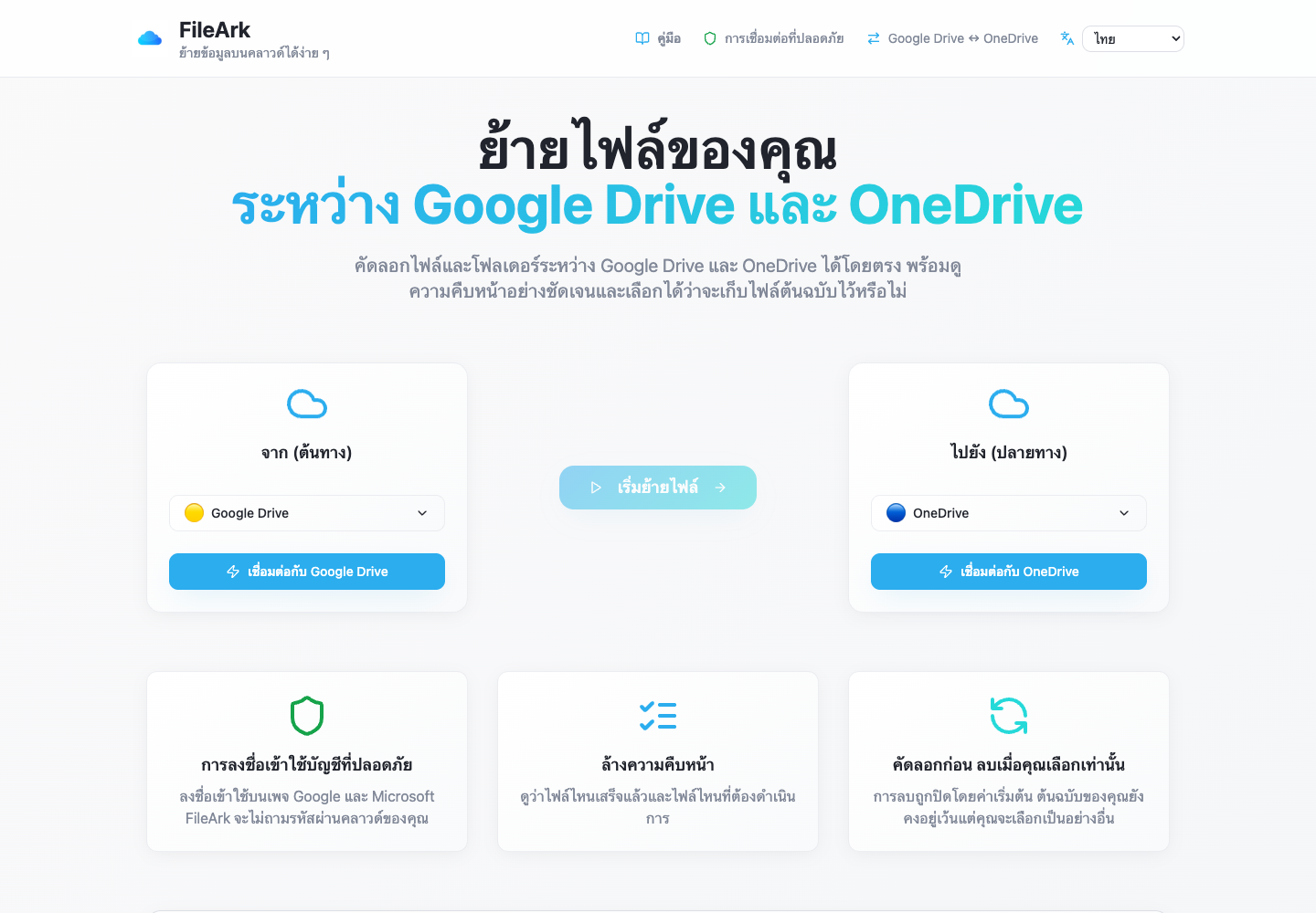 FileArk แสดง Google Drive เป็นแหล่งที่มาและ OneDrive เป็นปลายทาง