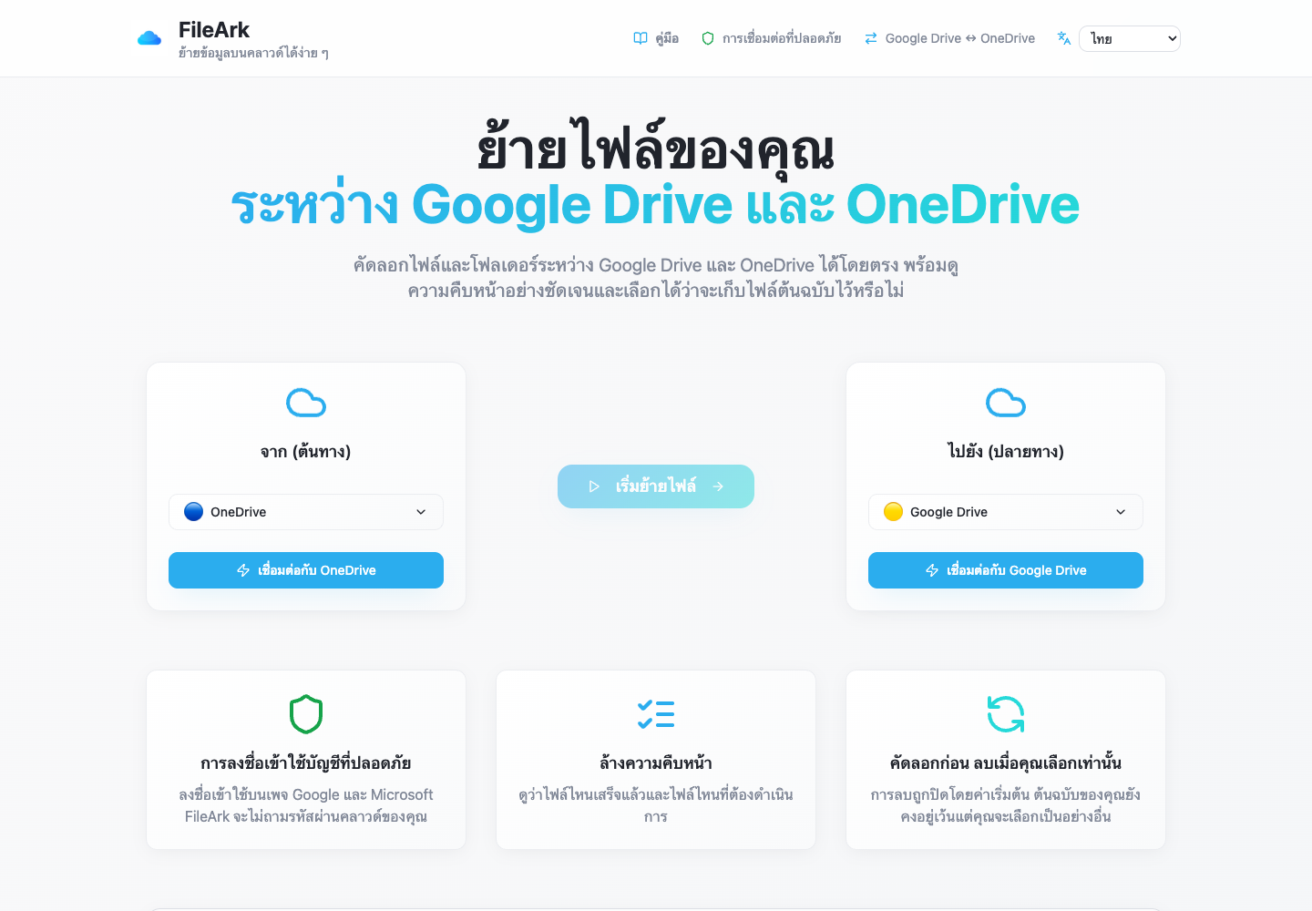 FileArk แสดง OneDrive เป็นแหล่งที่มาและ Google Drive เป็นปลายทาง