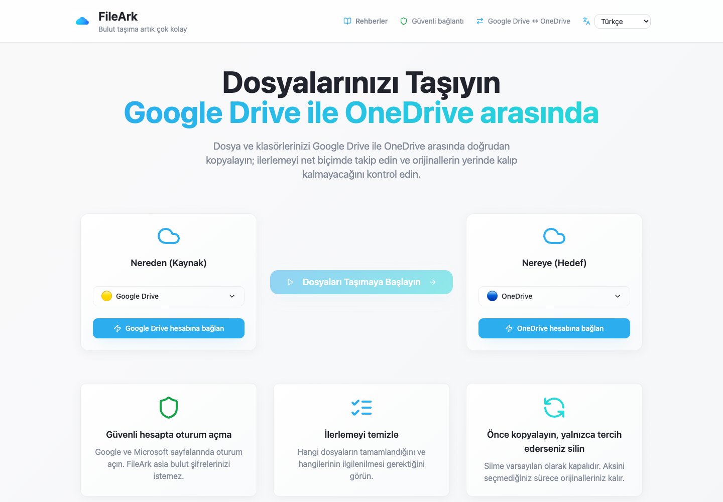 Google Drive'ı kaynak olarak ve OneDrive'ı hedef olarak gösteren FileArk