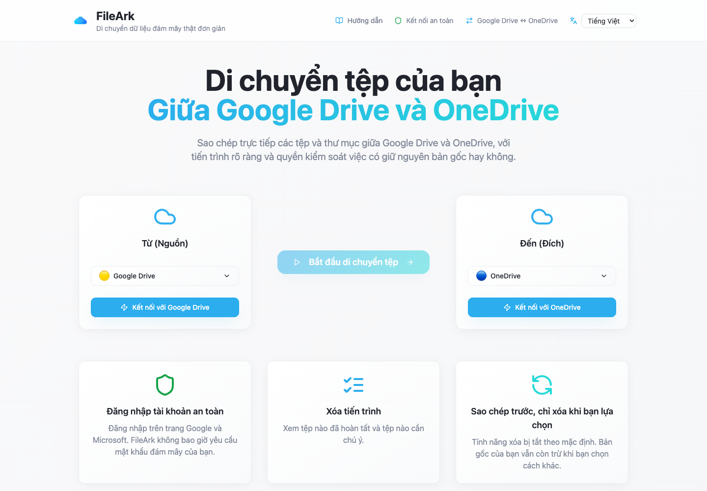 FileArk hiển thị Google Drive là nguồn và OneDrive là đích