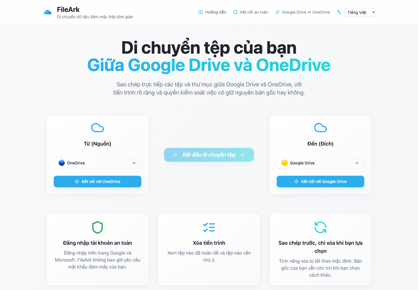 FileArk hiển thị OneDrive là nguồn và Google Drive là đích