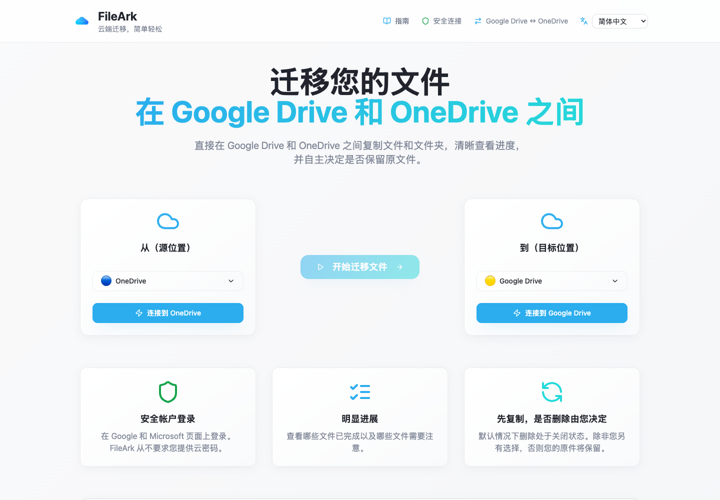 FileArk 显示 OneDrive 作为源,Google Drive 作为目标